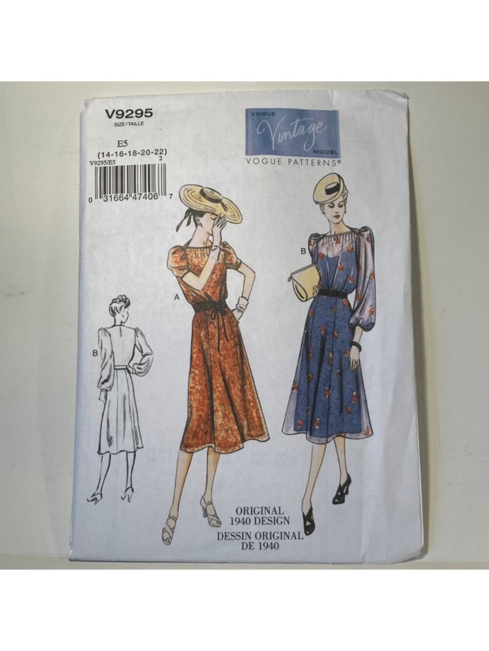 Vogue V9295 Size 16-22 1950s Vintage Dress Bateau Neck Reprint Sewing Pattern FF